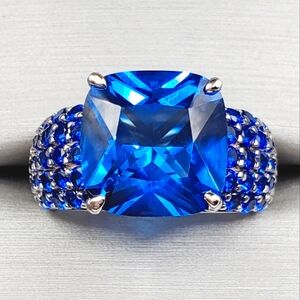 6 Carat Square Cushion Lab Created Blue Spinel Rhodium 925 Sterling Silver Ring